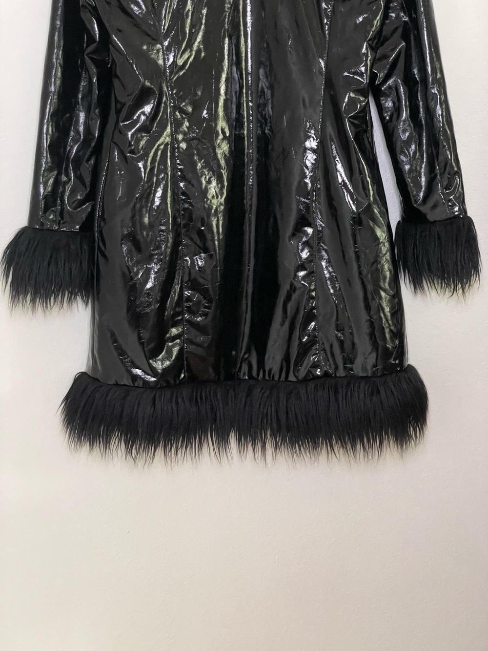 UNIF Imp Coat Glossy Vinyl Faux Fur Trim Hooded Jacket Black Medium Whimsigoth - Picture 9 of 16